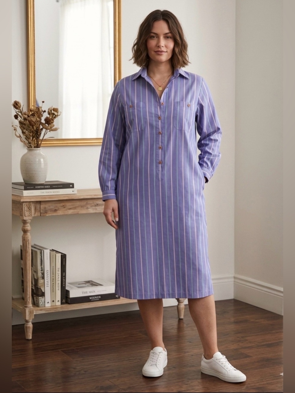 Vintage Striped Lavender Long-Sleeve Shirt Dress